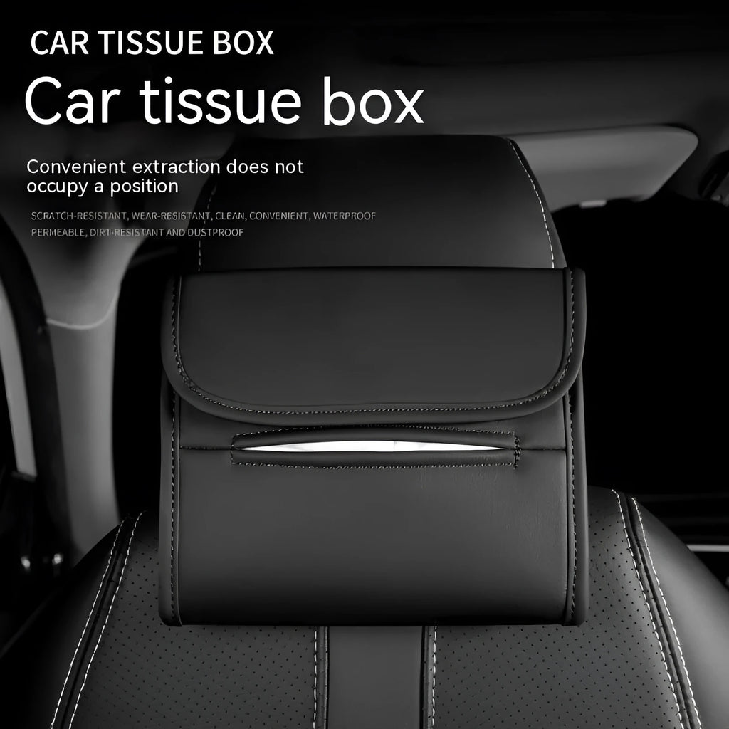 Leather car tissue box with elastic band mounting for sun visor or chair back attachment