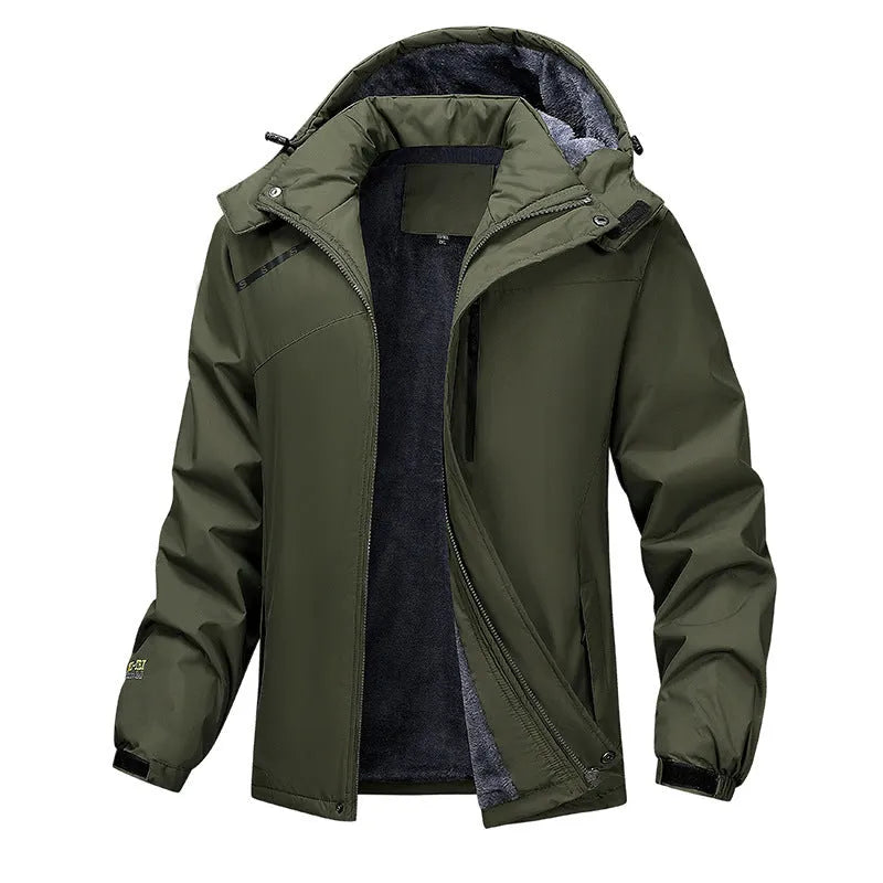 Men's plus size hooded winter coat in Army Green colour showing loose fit and front zip.