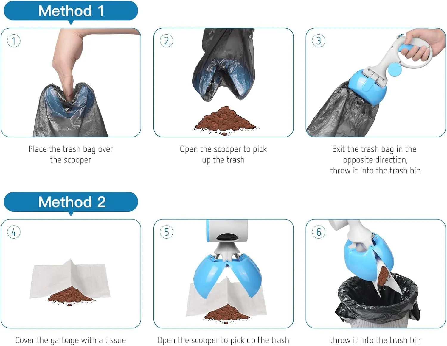 Blue plastic pet pooper scooper with built-in trash bag storage compartment and top hook.