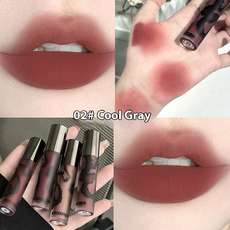 Matte lip mud lipstick in five colour shades showing stain-resistant formulation