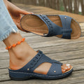 Slope heel roman style slippers in blue with fish mouth toe holder and rubber sole