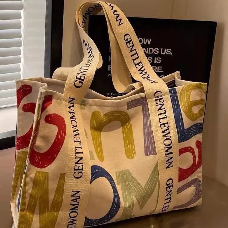 Large canvas shoulder tote bag with printed lettering or pattern design options