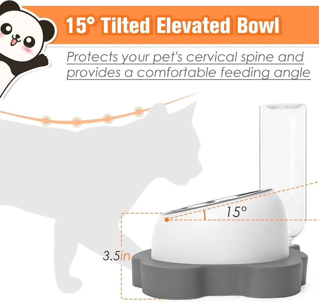Grey panda-shaped elevated pet feeder with automatic water bottle and tilted stainless steel bowls for cats and small dogs