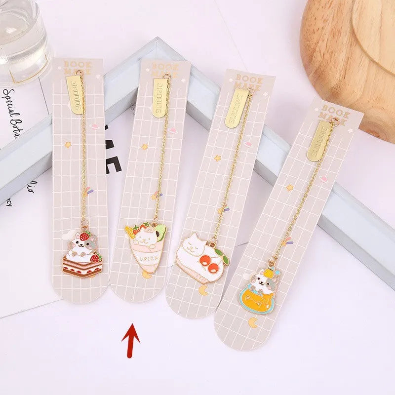 Jane Key Foodie Cute Pet Cat metal bookmark with cartoon design, showing PVC film and paper card construction.