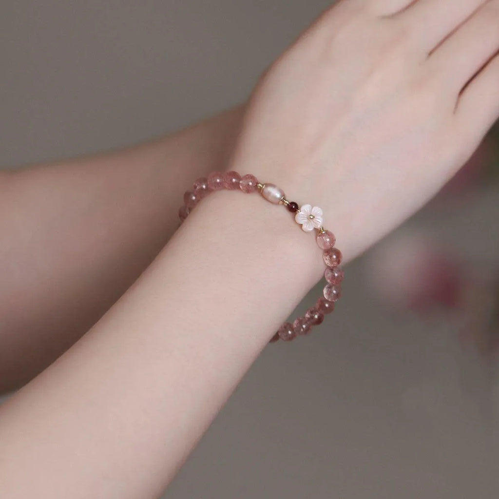 Strawberry quartz crystal bracelet with peach blossom floral design for women