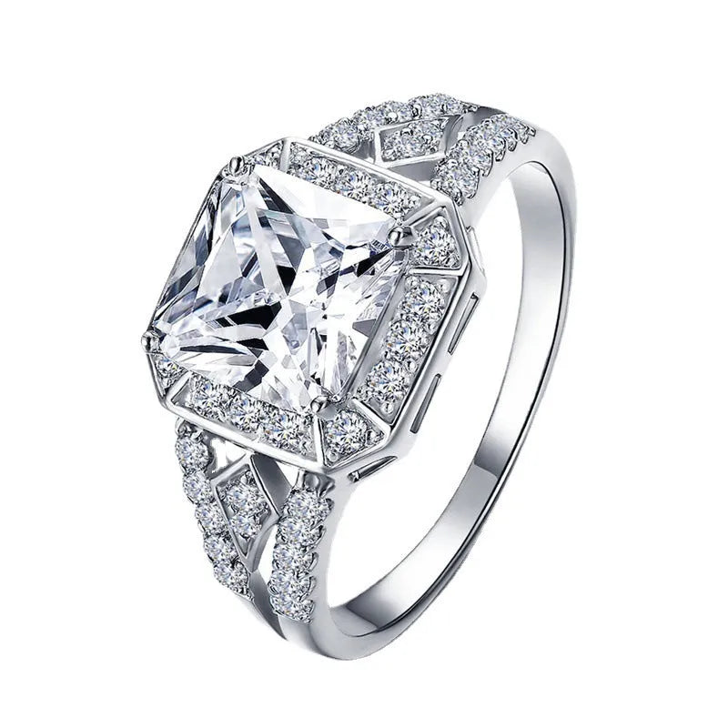 Geometric women's zircon ring with hollow ornament design in platinum colour