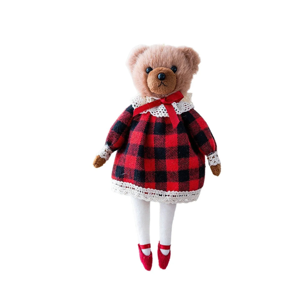 Couple plush bear dolls wearing cotton plaid outfits, princess bear and gentleman bear cartoon characters