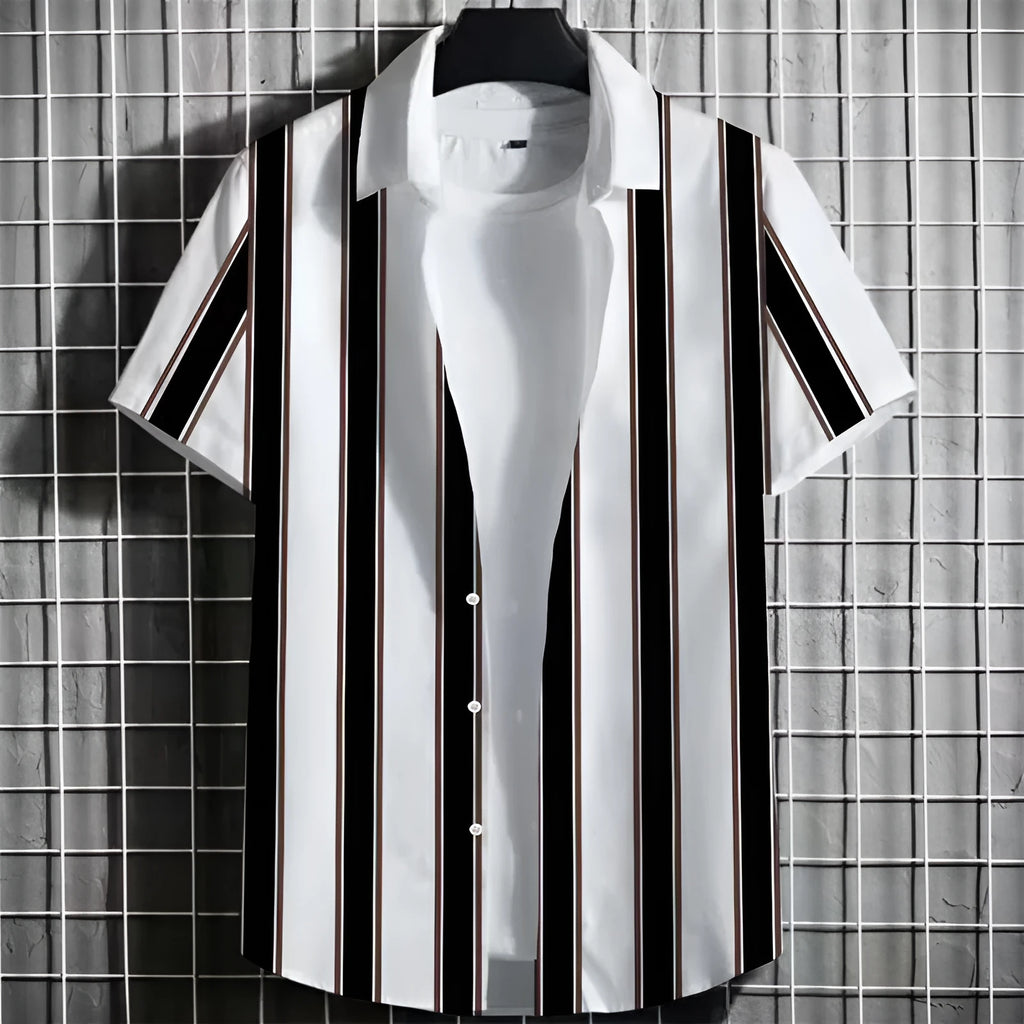 Men's striped linen t-shirt with 3D printing pattern in short sleeve design