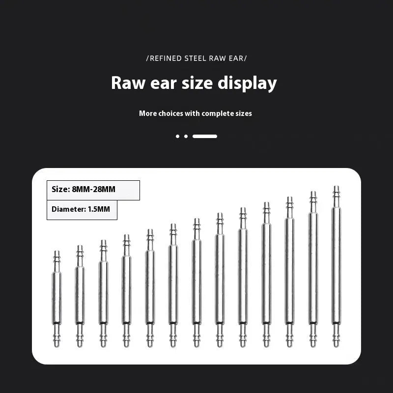 Watch auricular needle spring shaft pin for bracelet repair in sizes 21mm to 26mm.