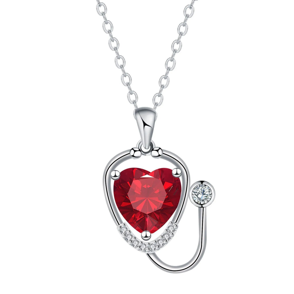 Women's copper stethoscope pendant necklace with wings cross design and red diamond electroplated finish