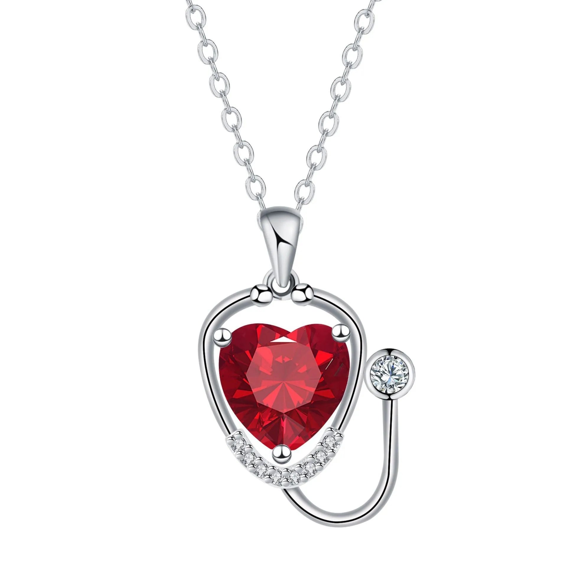 Women's copper stethoscope pendant necklace with wings cross design and red diamond electroplated finish