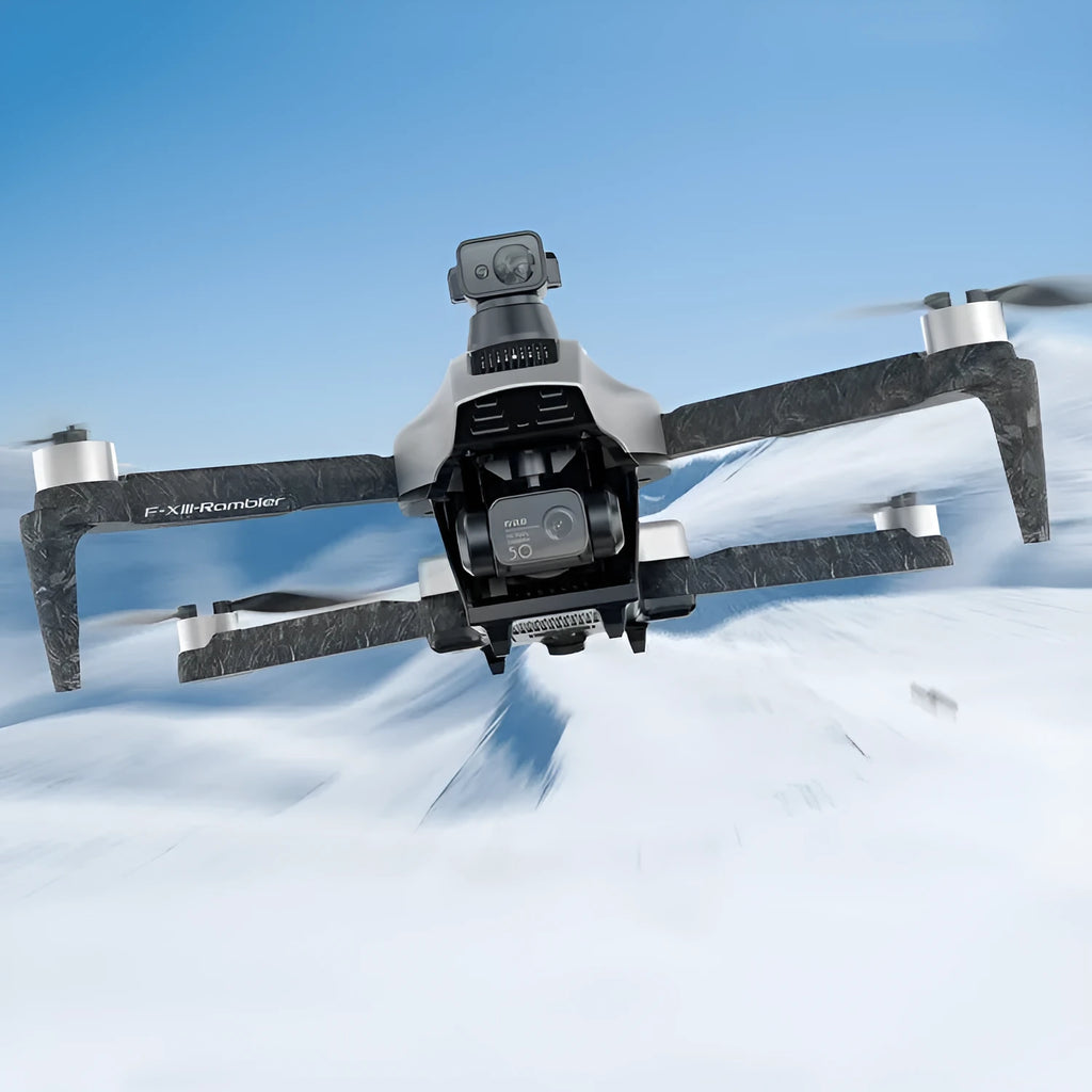 White folding quadcopter drone with camera and propeller guards, shown alongside remote control and shoulder bag.