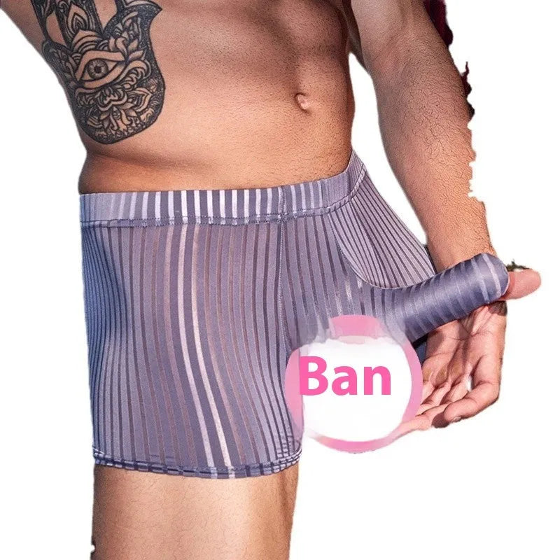 Men's striped nylon boxer briefs in black, white, and dark grey colours showing vertical pattern design