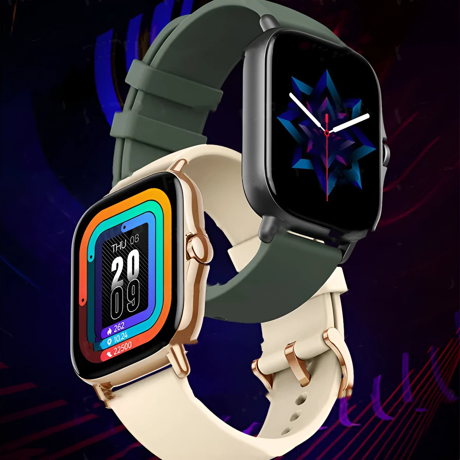 GT20 black smartwatch with alloy case and silicone strap on a wrist, displaying heart rate data.