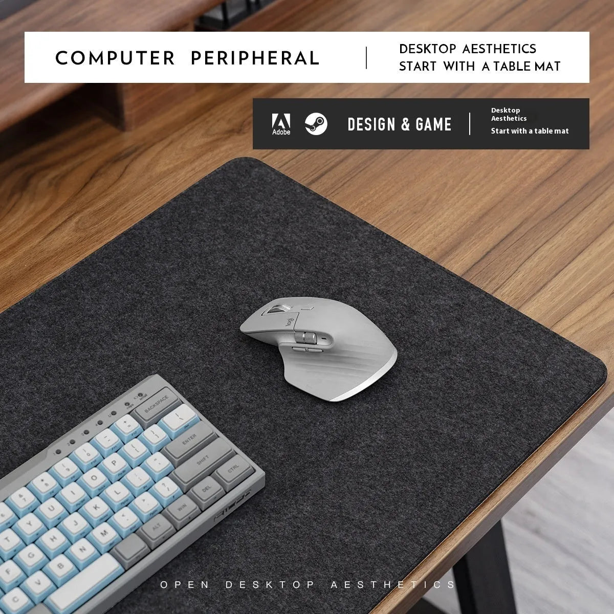 Winter warm grey and black felt desk mouse mat with cork non-slip base on a wooden table.
