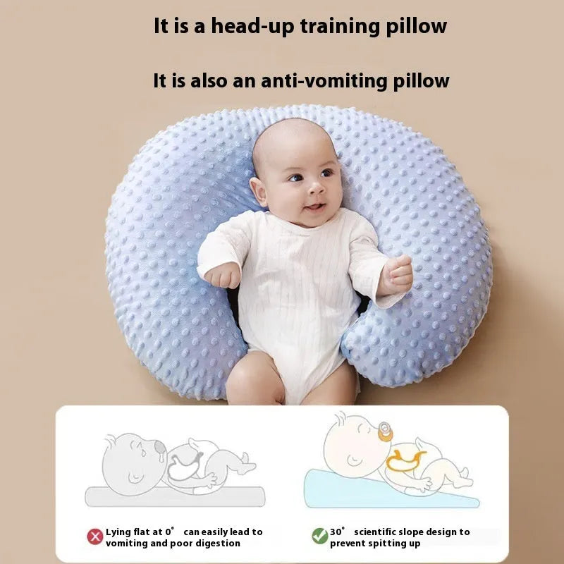 Multifunctional nursing pillow for breastfeeding support in grey, blue, pink, or yellow with removable cover.
