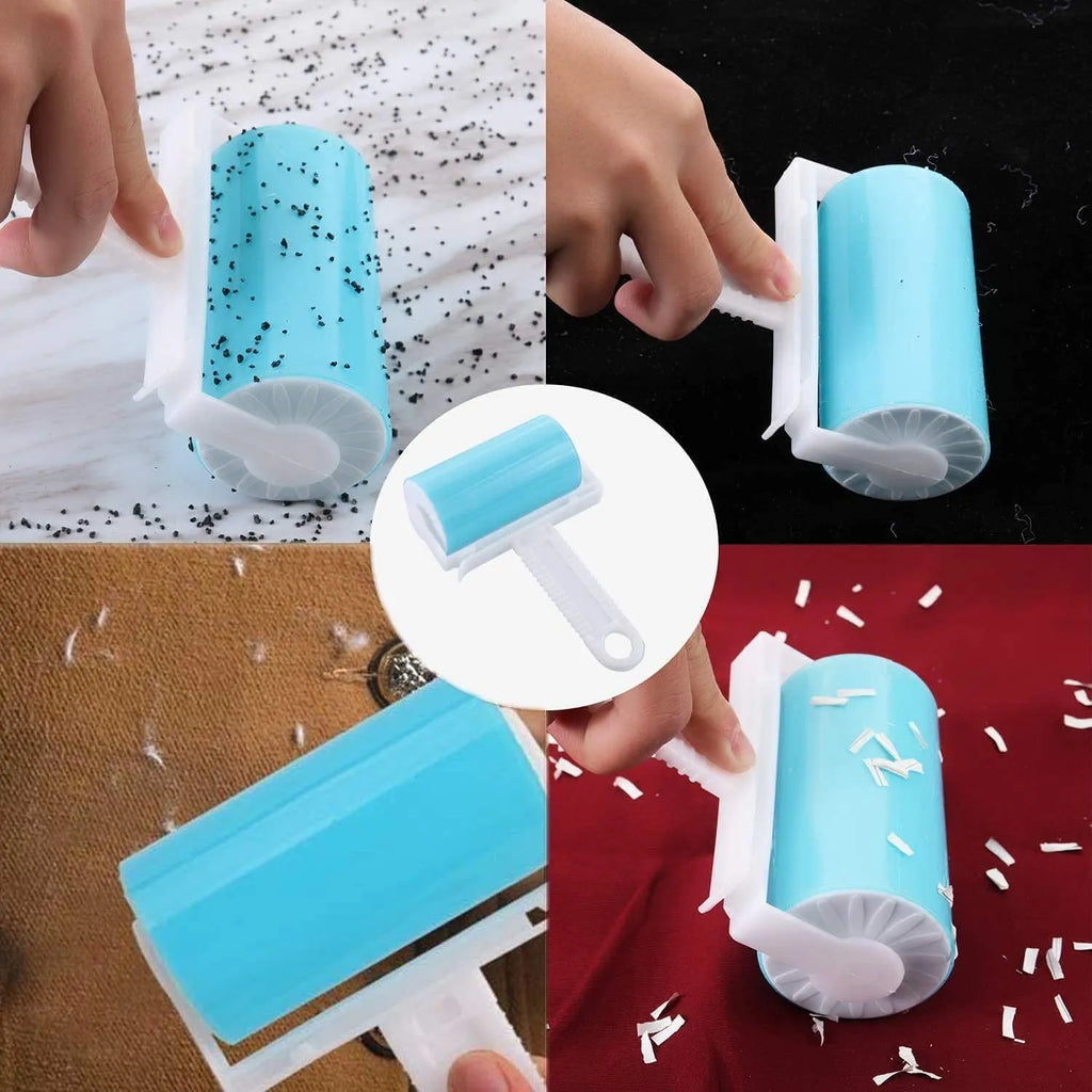 Washable reusable lint roller with protective cover in blue, green, pink, or yellow colours