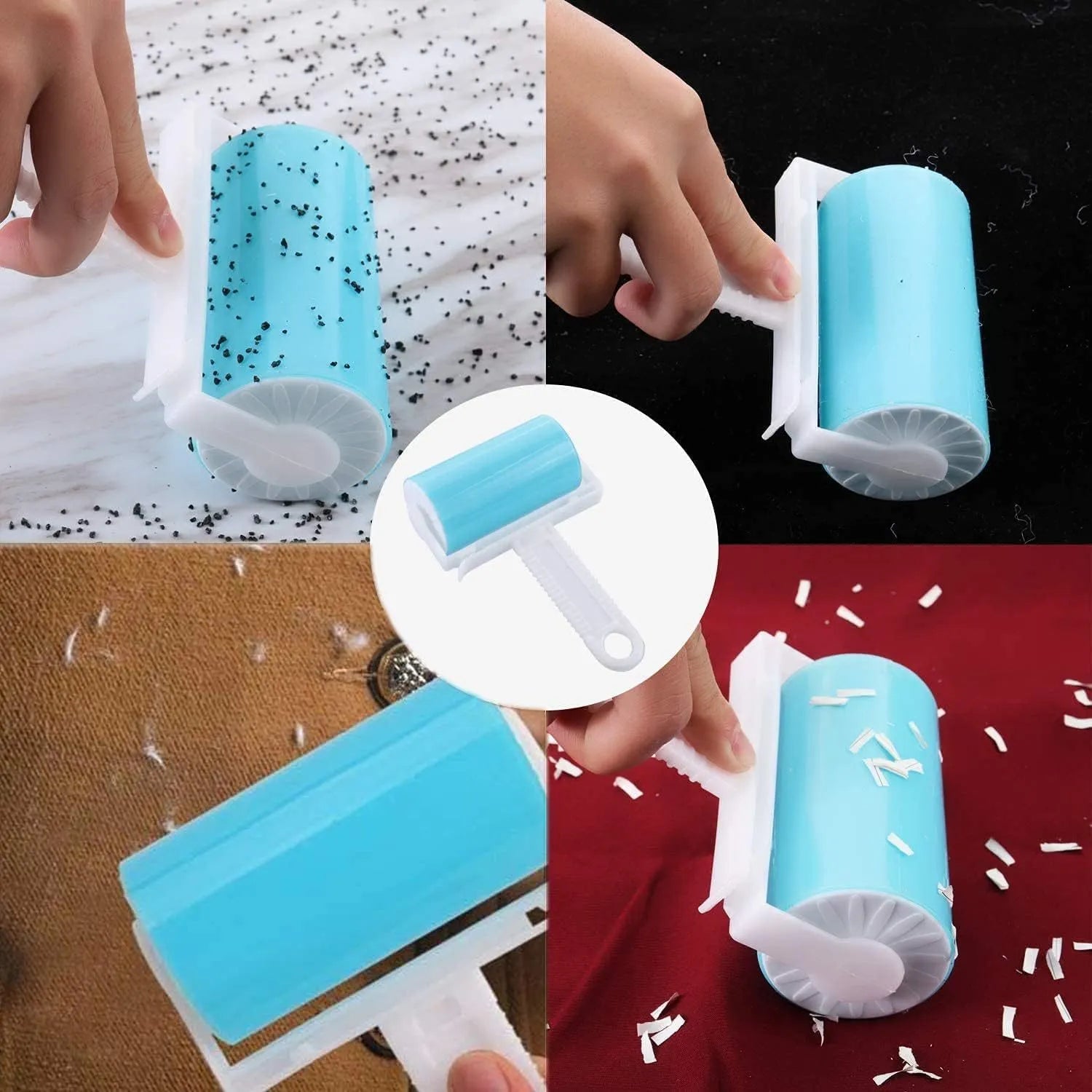 Washable reusable lint roller with protective cover in blue, green, pink, or yellow colours