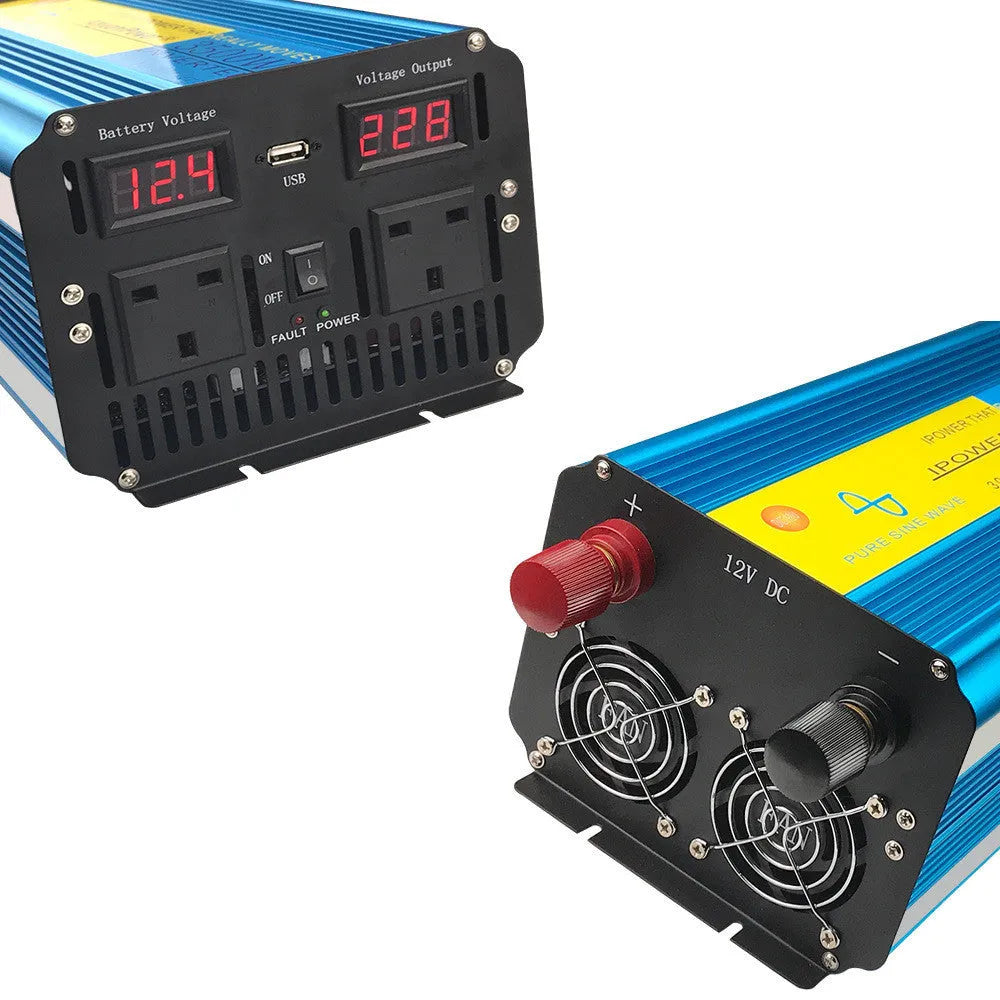 Blue 3000W pure sine wave car inverter with digital displays and UK sockets