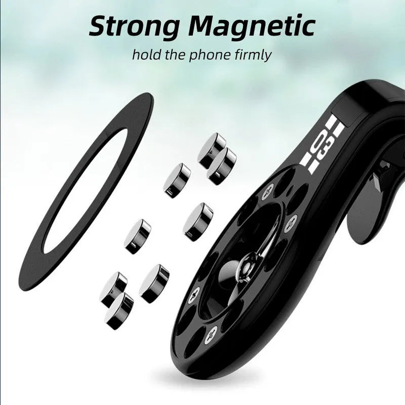 Magnetic car phone holder mounted on car air vent with smartphone attached and adjustable angle bracket