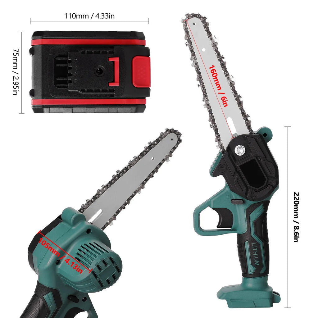 Black mini electric chainsaw with 4-inch guide bar and lithium battery, shown on a wooden log.