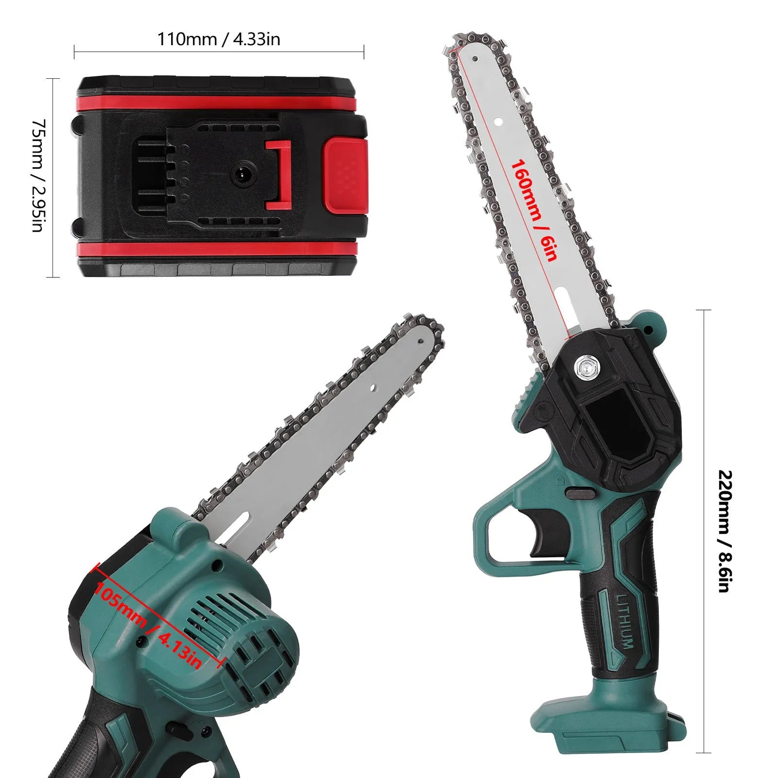 Black mini electric chainsaw with 4-inch guide bar and lithium battery, shown on a wooden log.