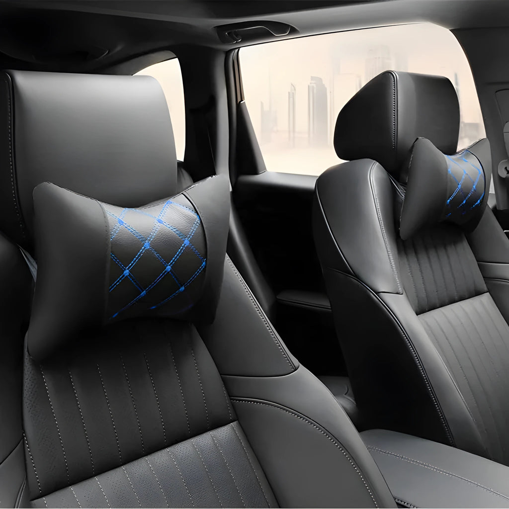 Black quilted artificial leather car headrest pillow with coloured stitching options