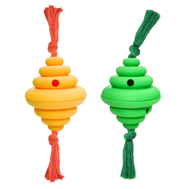 Green and yellow oval dog ball with knotted rope, a slow-leak food dispenser chew toy.