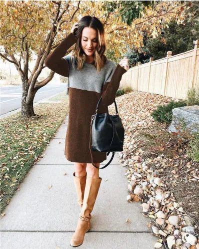 Brown women's long sleeve dress with patchwork detailing and a loose, flowing silhouette.