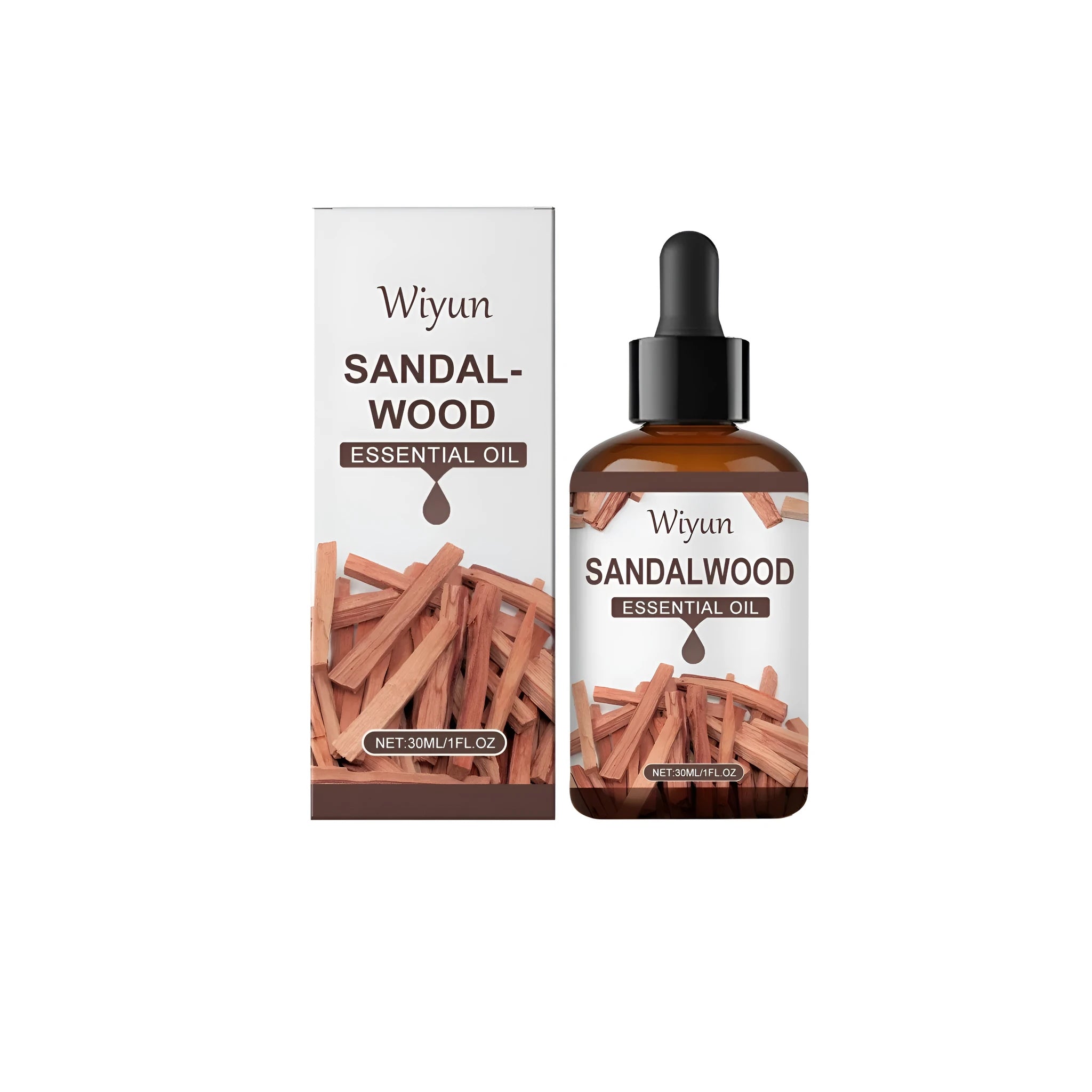 30ml glass bottle of pure sandalwood fragrance essential oil with a dropper.