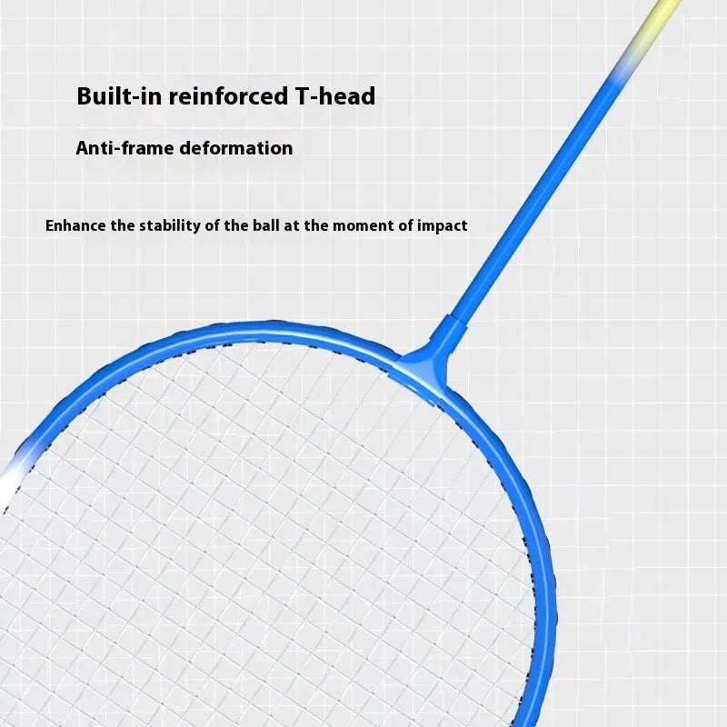 A pair of blue and red ultra-light alloy badminton rackets with steel shafts laid side by side.