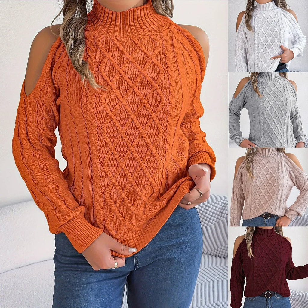 Women's twisted pattern strapless sweater with half-high collar and lantern sleeves in acrylic fabric
