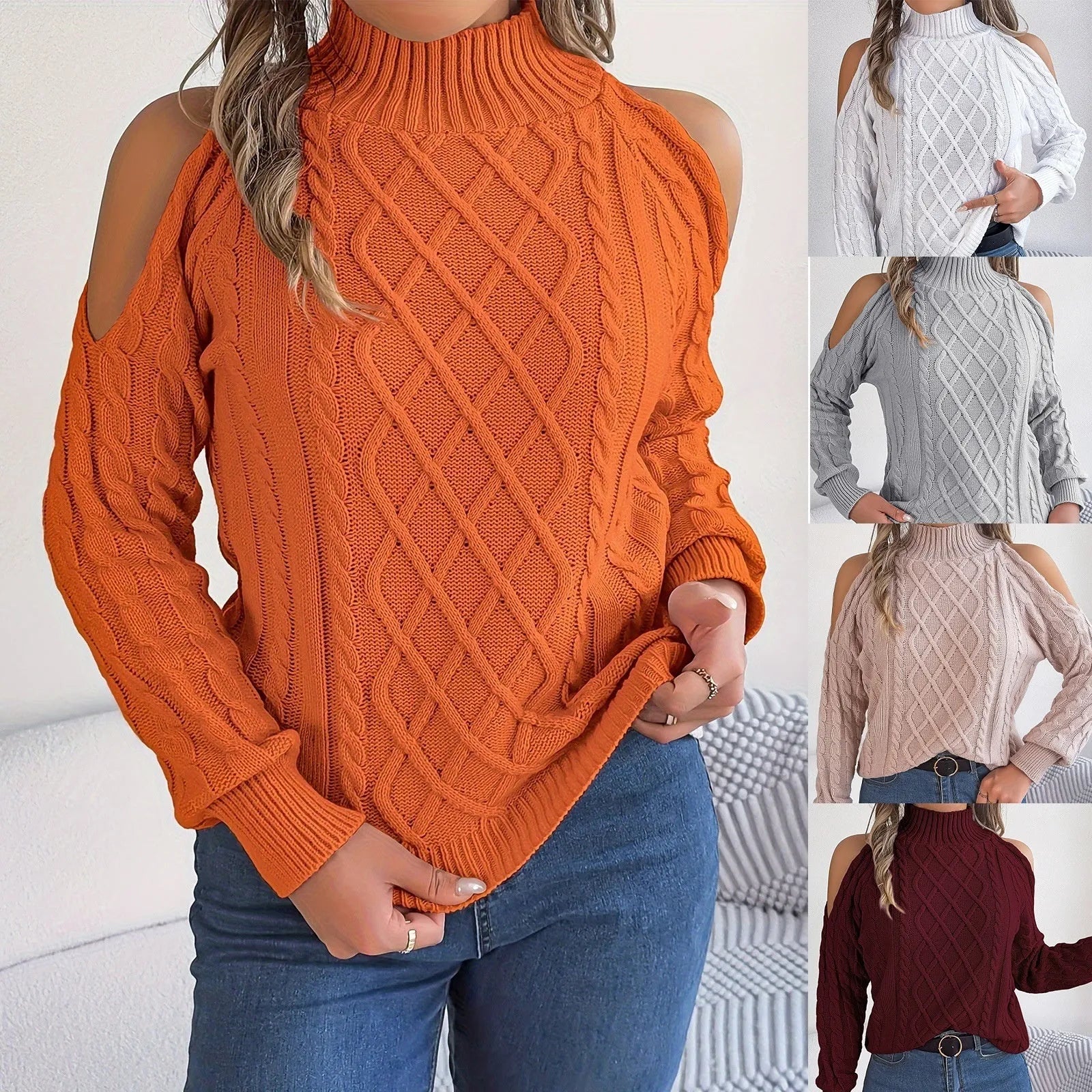 Women's twisted pattern strapless sweater with half-high collar and lantern sleeves in acrylic fabric