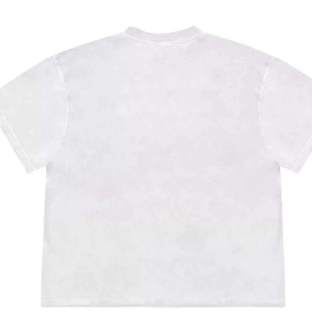 Loose fit blueberry patchwork T-shirt in ice oxygen cotton on hanger, showing floral design and short sleeves.