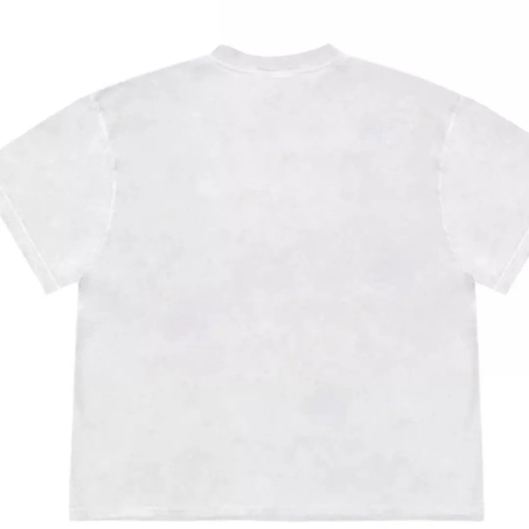 Loose fit blueberry patchwork T-shirt in ice oxygen cotton on hanger, showing floral design and short sleeves.