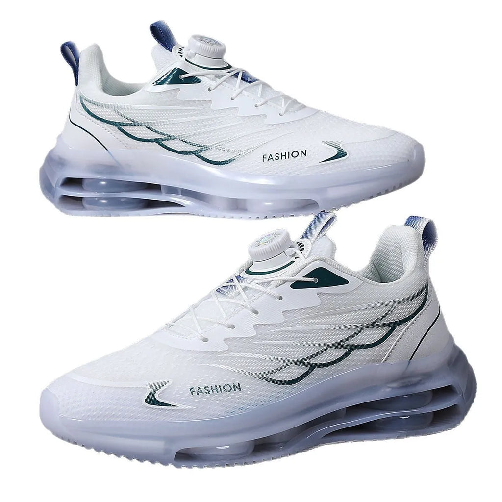 White low-top casual sports shoes with rotating button lace-up and mesh upper on a rubber sole.