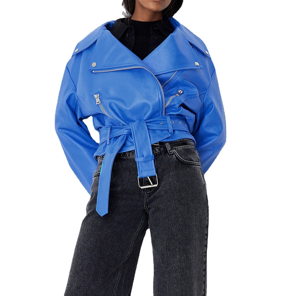 Punk locomotive style jacket with drawstring closure and Peter Pan collar in polyester fabric