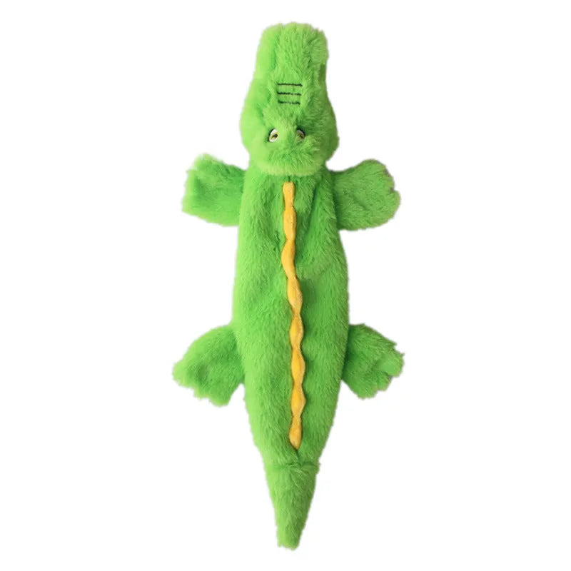 Dark green crocodile-shaped no-stuffing plush dog toy with squeaker and crinkle sound elements