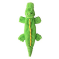 Dark green crocodile-shaped no-stuffing plush dog toy with squeaker and crinkle sound elements
