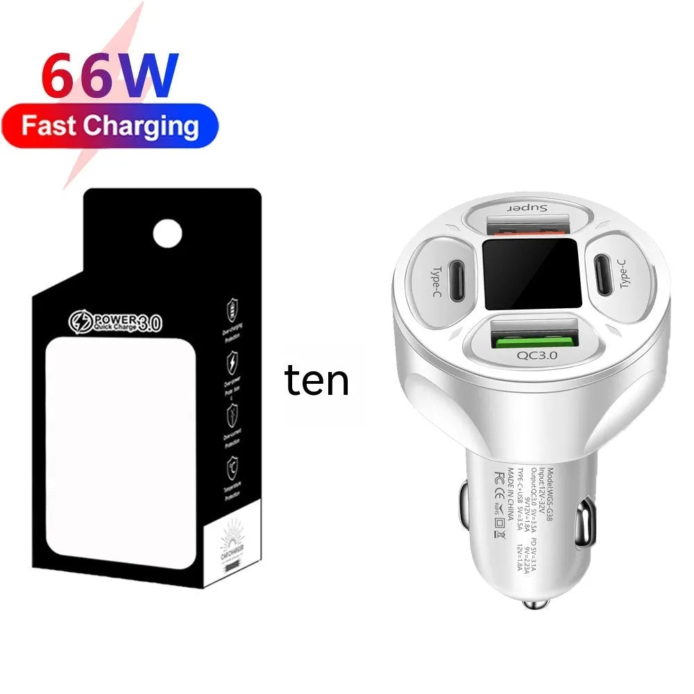 66W dual USB dual Type-C digital display car charger with compact black design