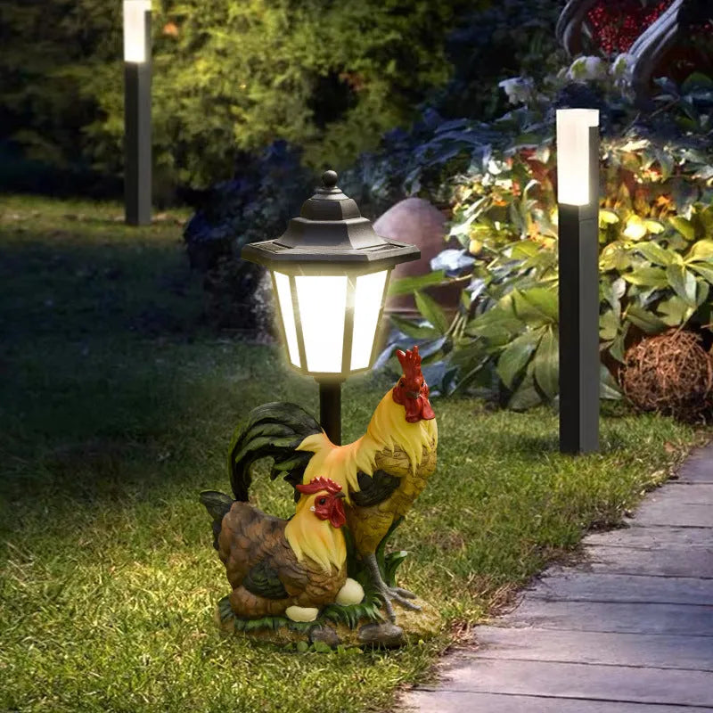Solar garden lamp with resin figurine in American country style design