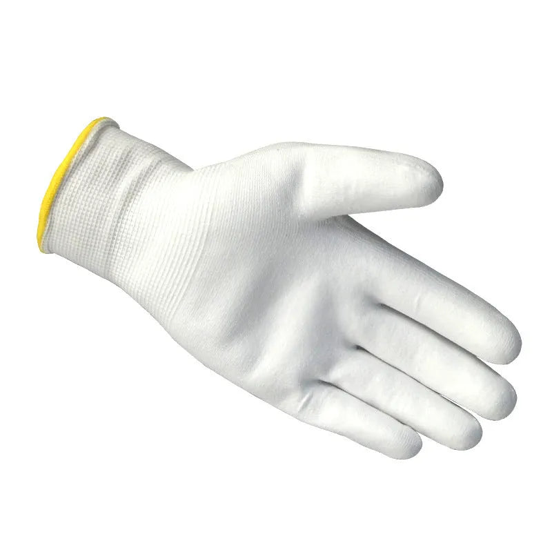 White PU coated labour gloves showing flexible material, laid flat to display 24cm length and size tag.
