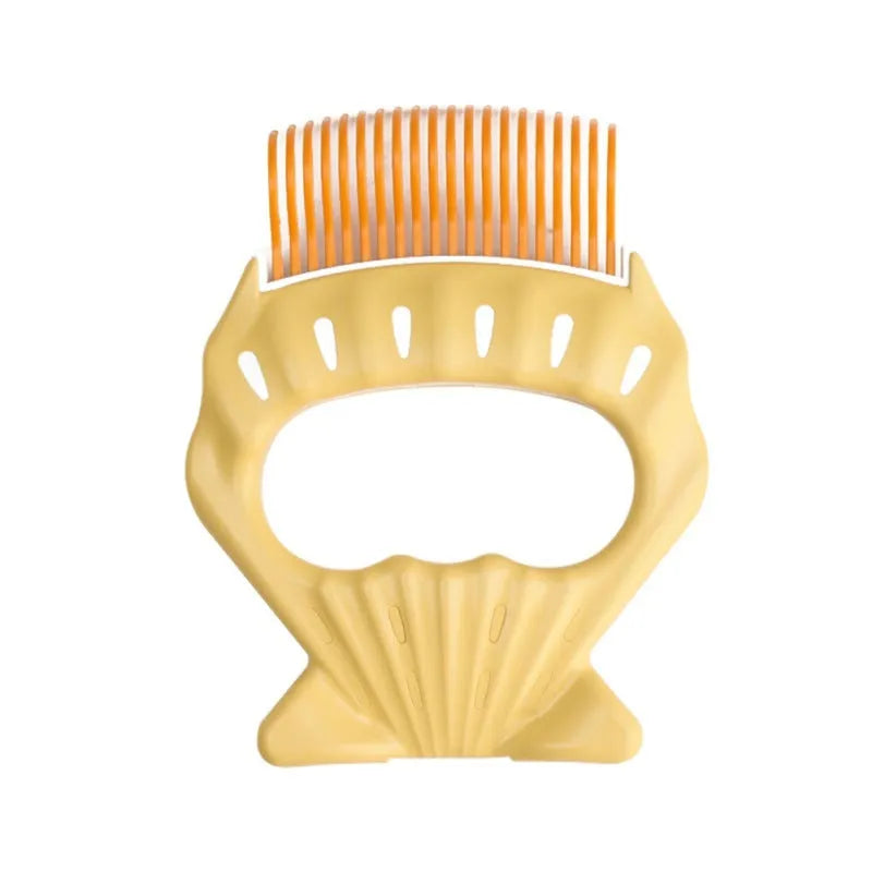 Shell-shaped plastic pet grooming brush with bent wire bristles and anti-slip handle