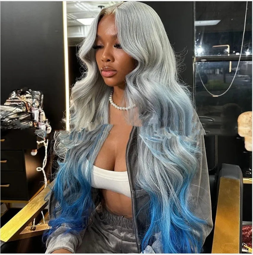 Grey blue gradient colour human hair wig with lace front, shown in long length