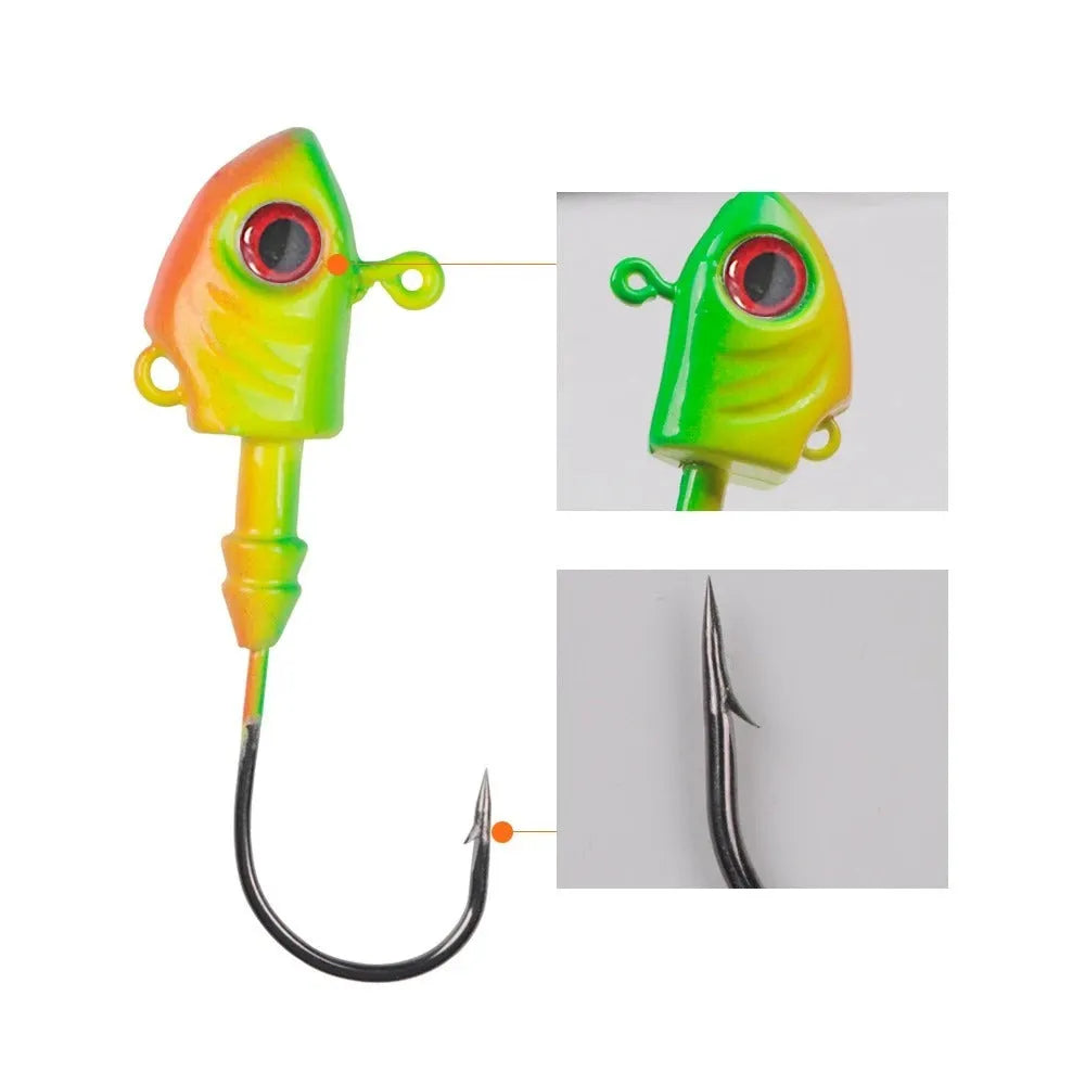 Simulated Yayu shaped lead head fishing hooks in blue, silver, and yellow, showing various weights from 3.5g to 28g.