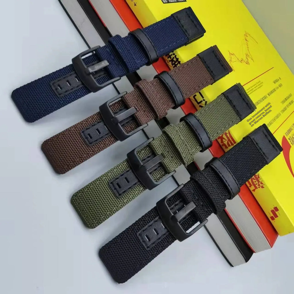 Oxford cloth canvas watch strap in camouflage colour showing buckle and fabric texture.