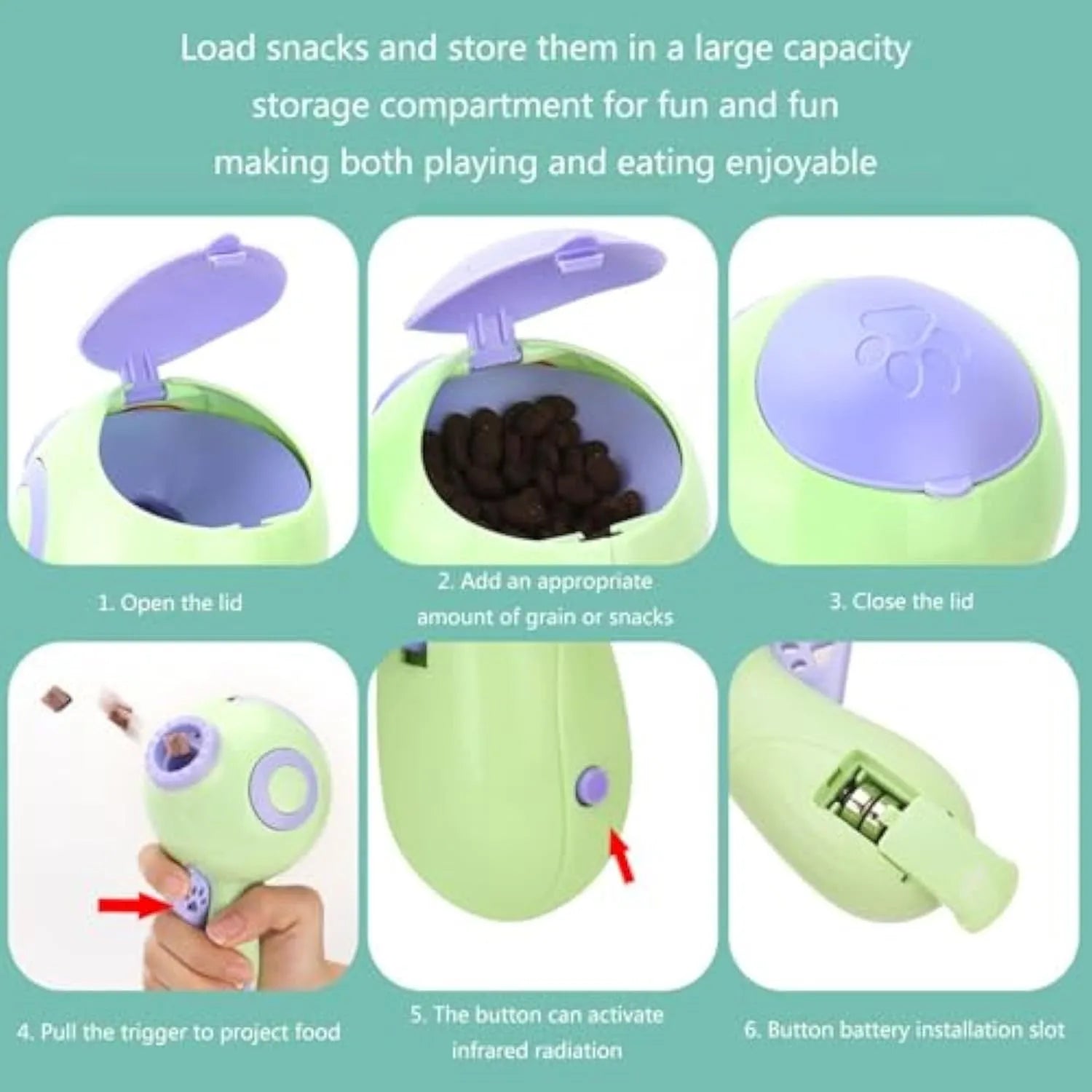 Green, orange, and pink coloured interactive dog treat launcher and food dispenser toy.