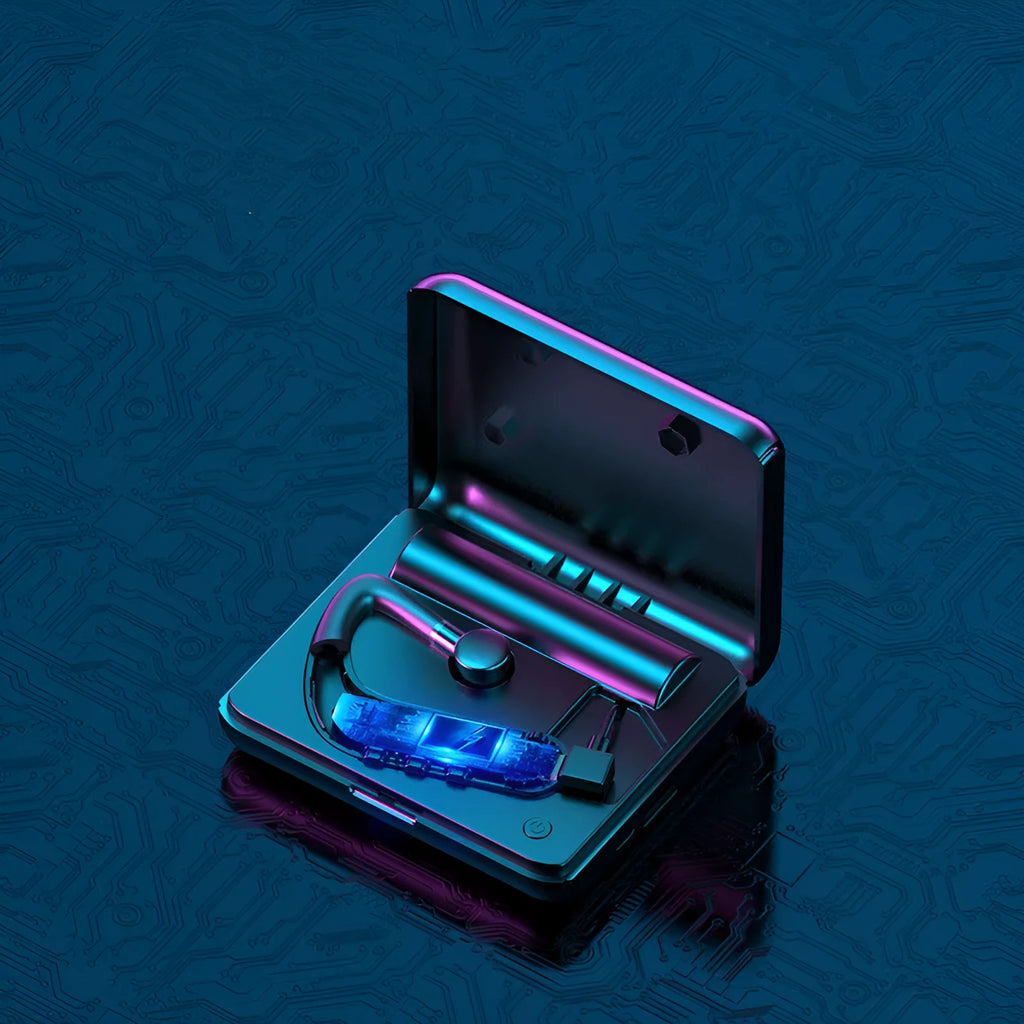 Black wireless Bluetooth earphones with silicone ear tips, shown in a hanging ear design.