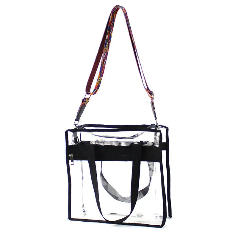 Women's transparent front compartment PVC messenger crossbody bag in multiple colours with side mesh pocket