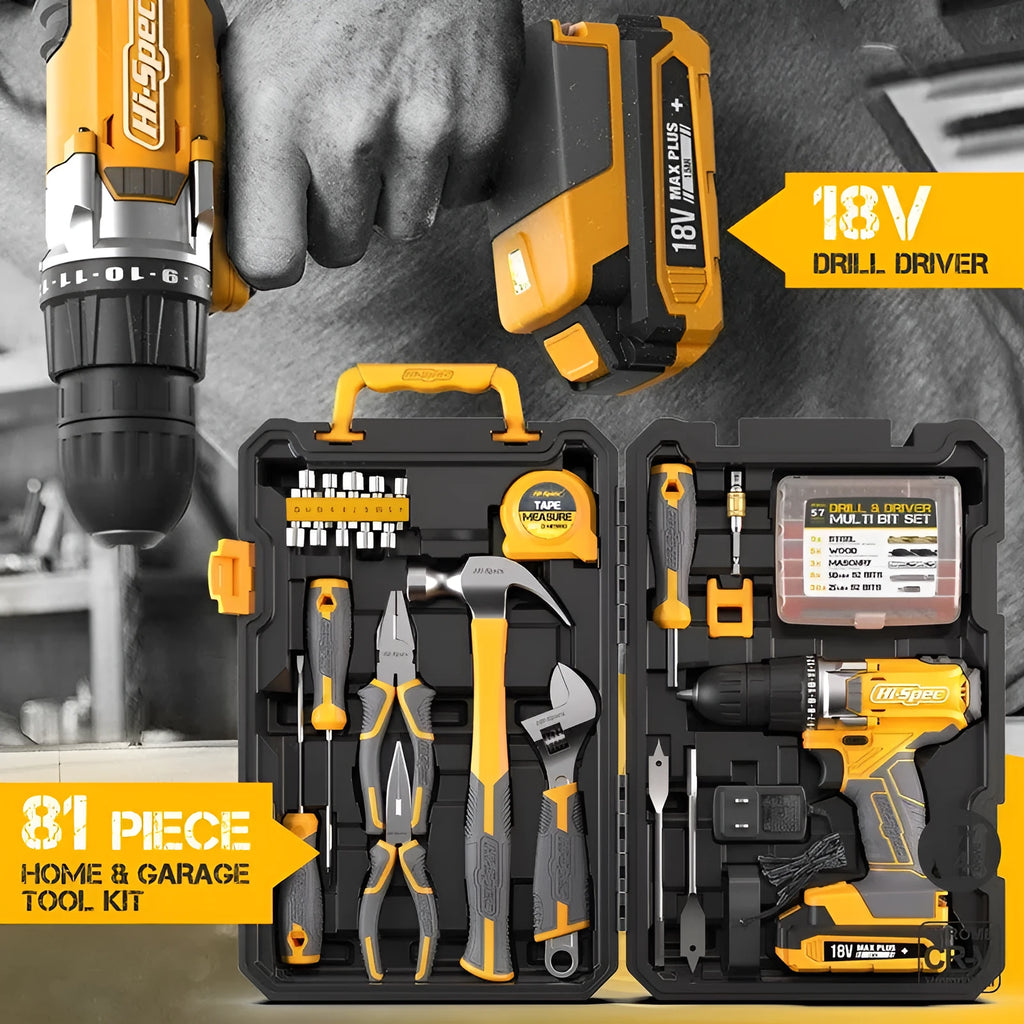 Grey-yellow toolbox open to show 82-piece chrome-vanadium steel tool set for furniture installation.